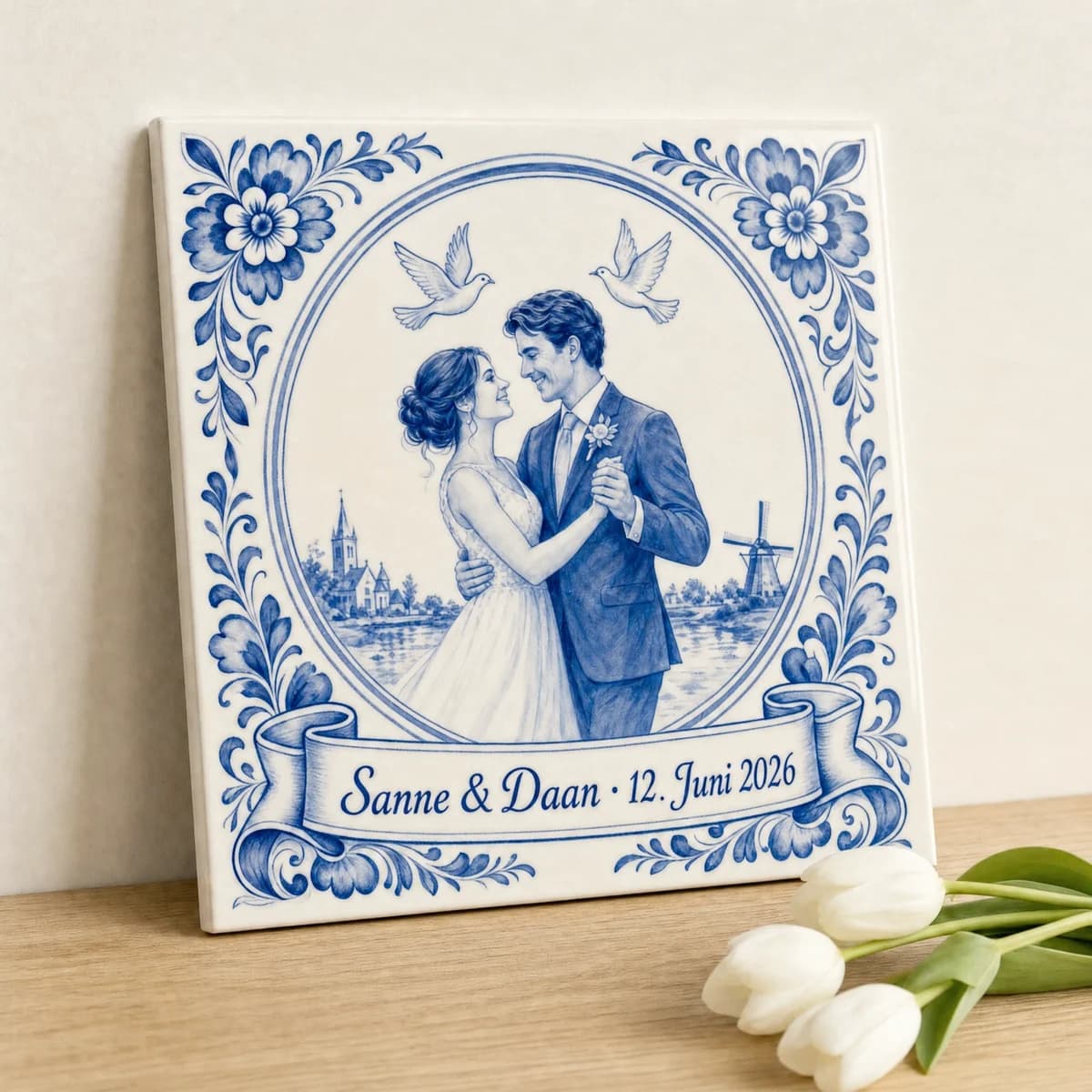 Fototegeltje als cadeau voor trouwcadeau, in een gestileerde scène