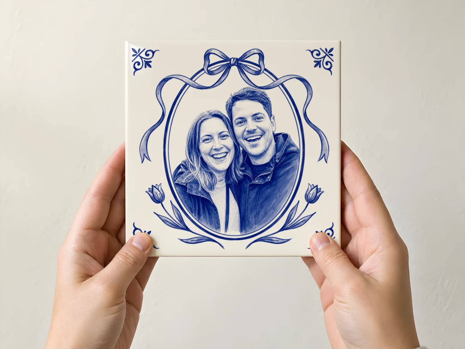 Zwei Hände halten eine Delfter-Blau-Fotofliese von 15 × 15 cm