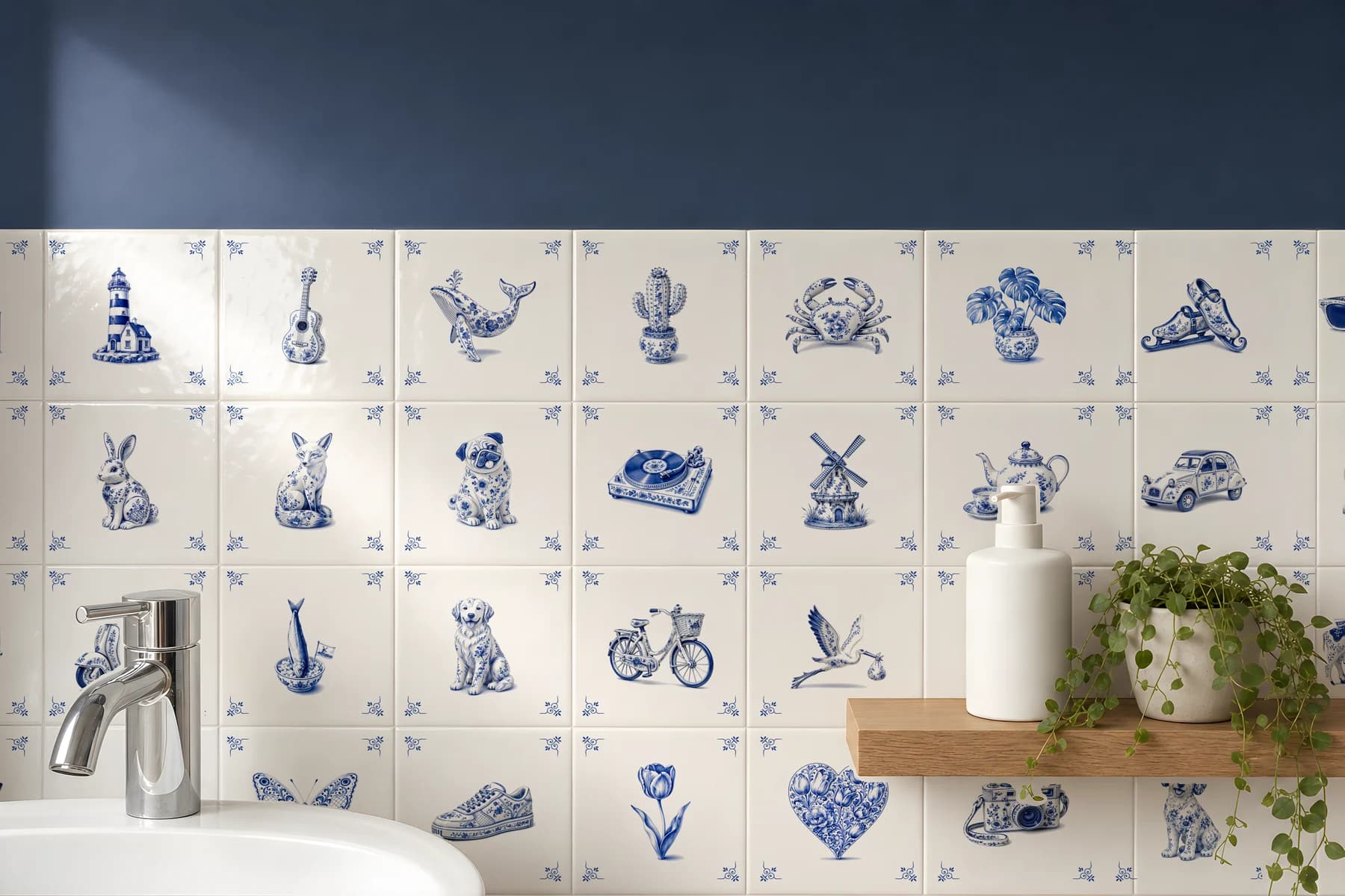 Eine Badezimmerwand voller Delfter-Blau-Fliesen mit verschiedenen Motiven