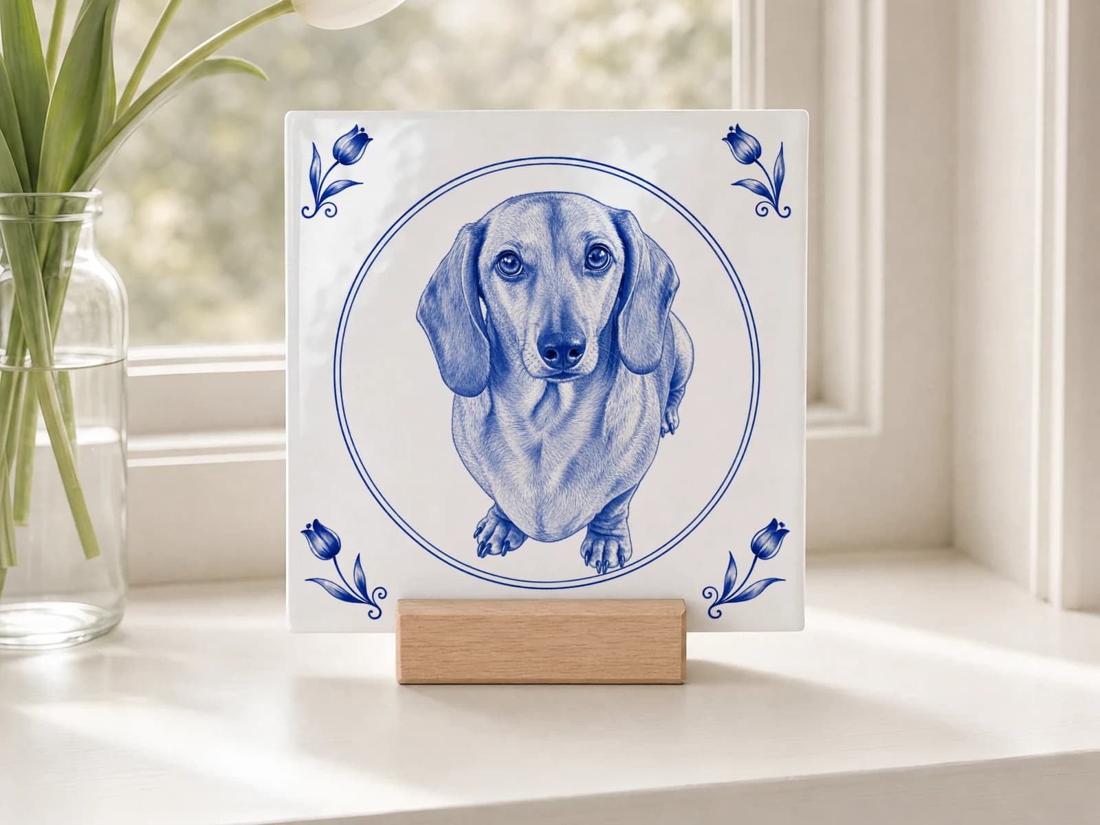Delfter-Blau-Fliese mit einem Hund neben weißen Tulpen auf einer Fensterbank