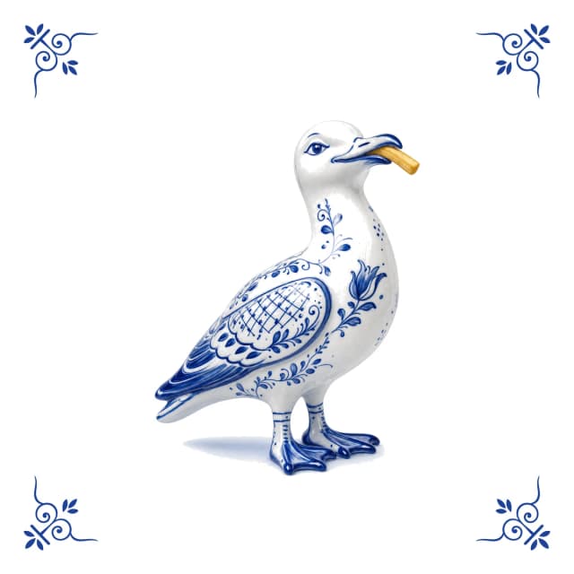 Möwe mit Pommes, Delfter Blau Fliese