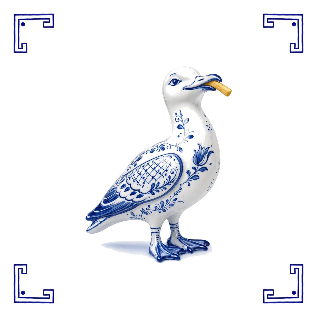 Möwe mit Pommes – Delfter Blau Fliese